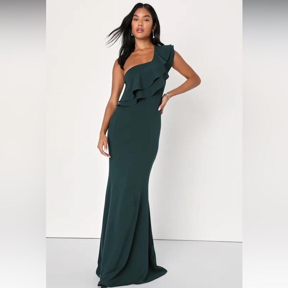 Lulus Grand Beauty Emerald Ruffled One-Shoulder Mermaid Maxi Dress‎ Size Medium